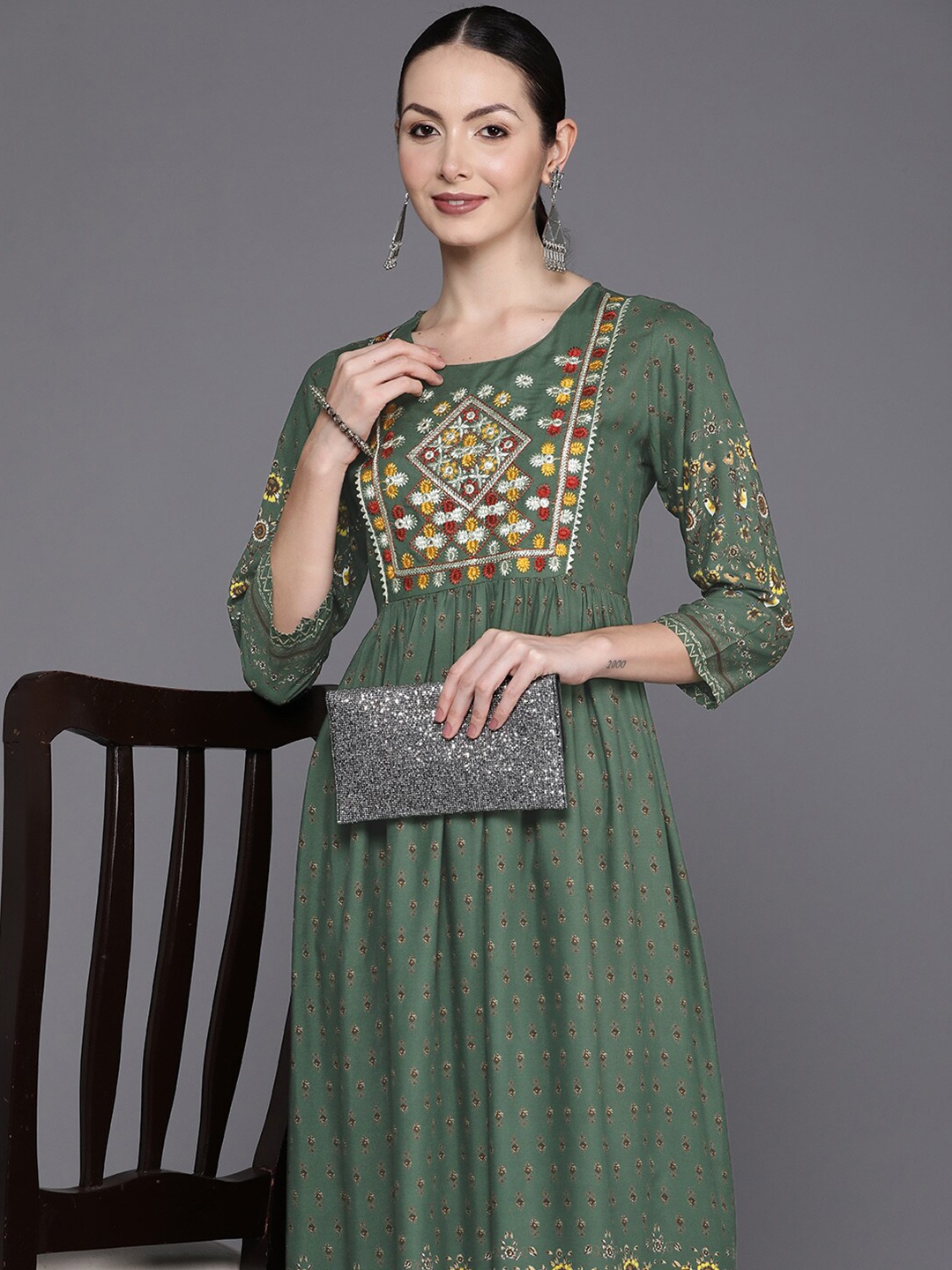 

Anouk Green Ethnic Motifs Printed Embroidered Detailed Fit & Flare Midi Ethnic Dress