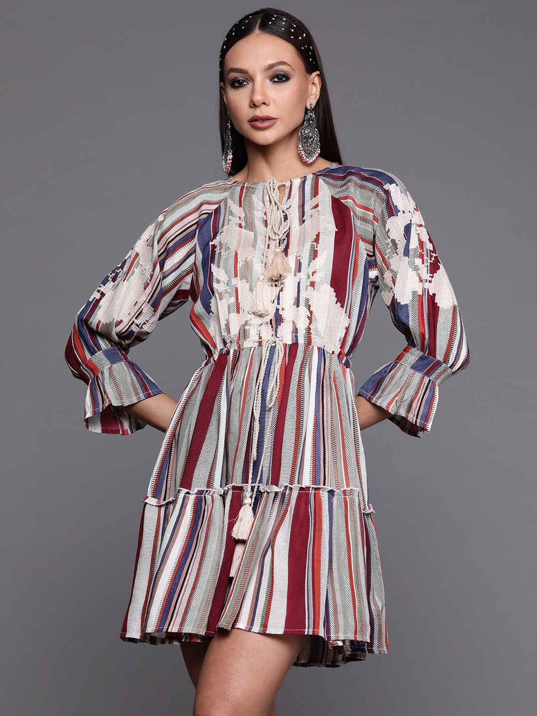

Anouk Striped Layered Tie-Up Neck Cotton Fit & Flare Dress, Multi