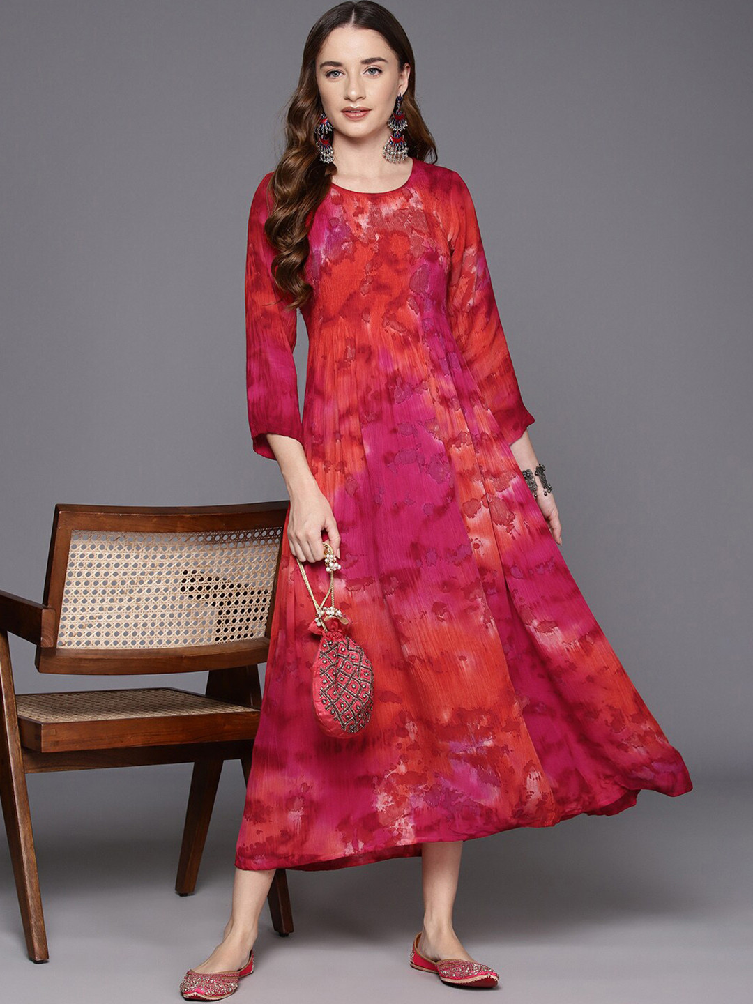 

Anouk Ethnic Motifs Printed Round Neck Flared A-Line Maxi Dress, Orange