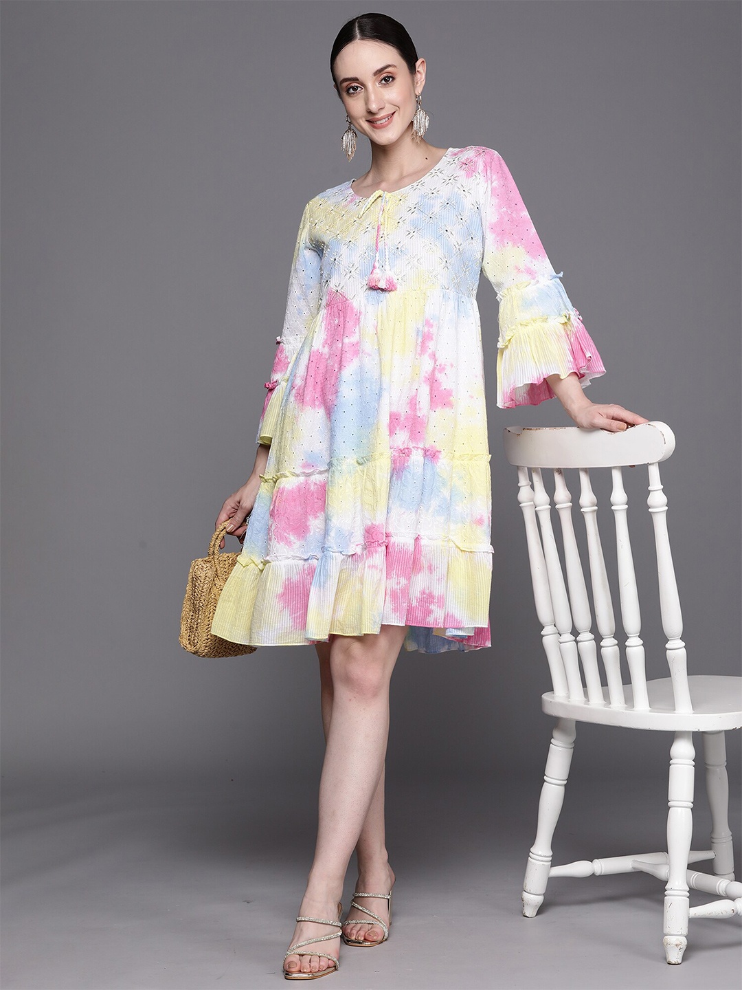 

Anouk Floral Printed Round Neck Bell Sleeve Layered A-Line Dress, Pink