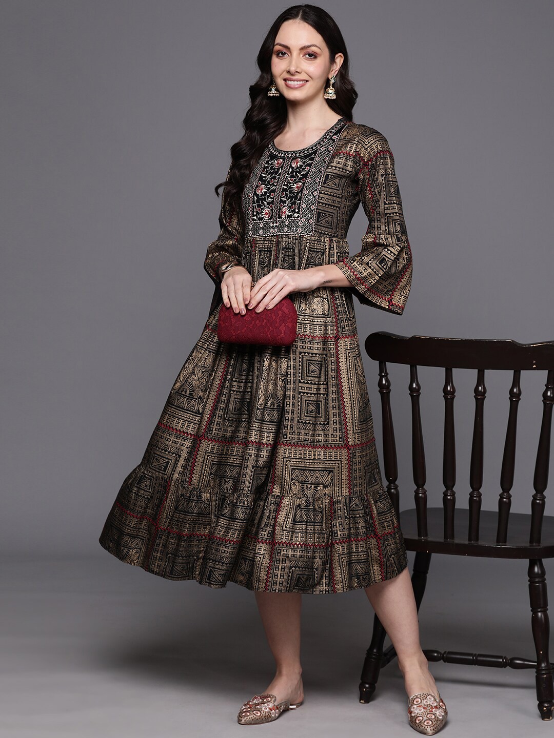 

Anouk Ethnic Motifs Printed Round Neck Bell Sleeve A-Line Midi Dress, Black