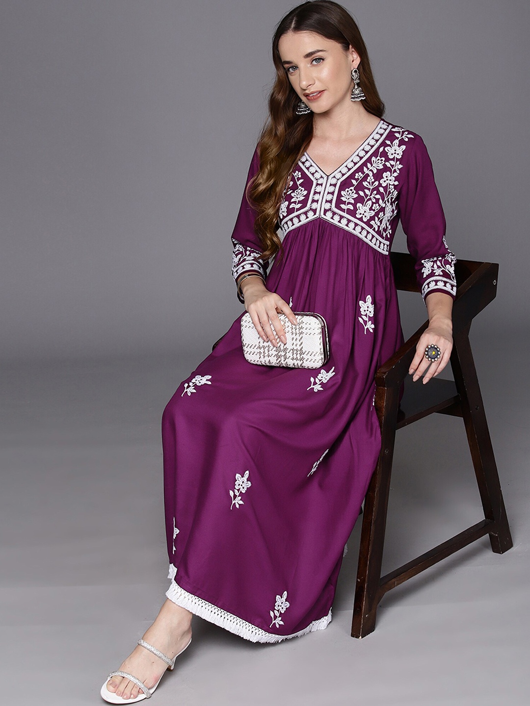 

Anouk Burgundy Ethnic Motifs Embroidered Empire Midi Ethnic Dress
