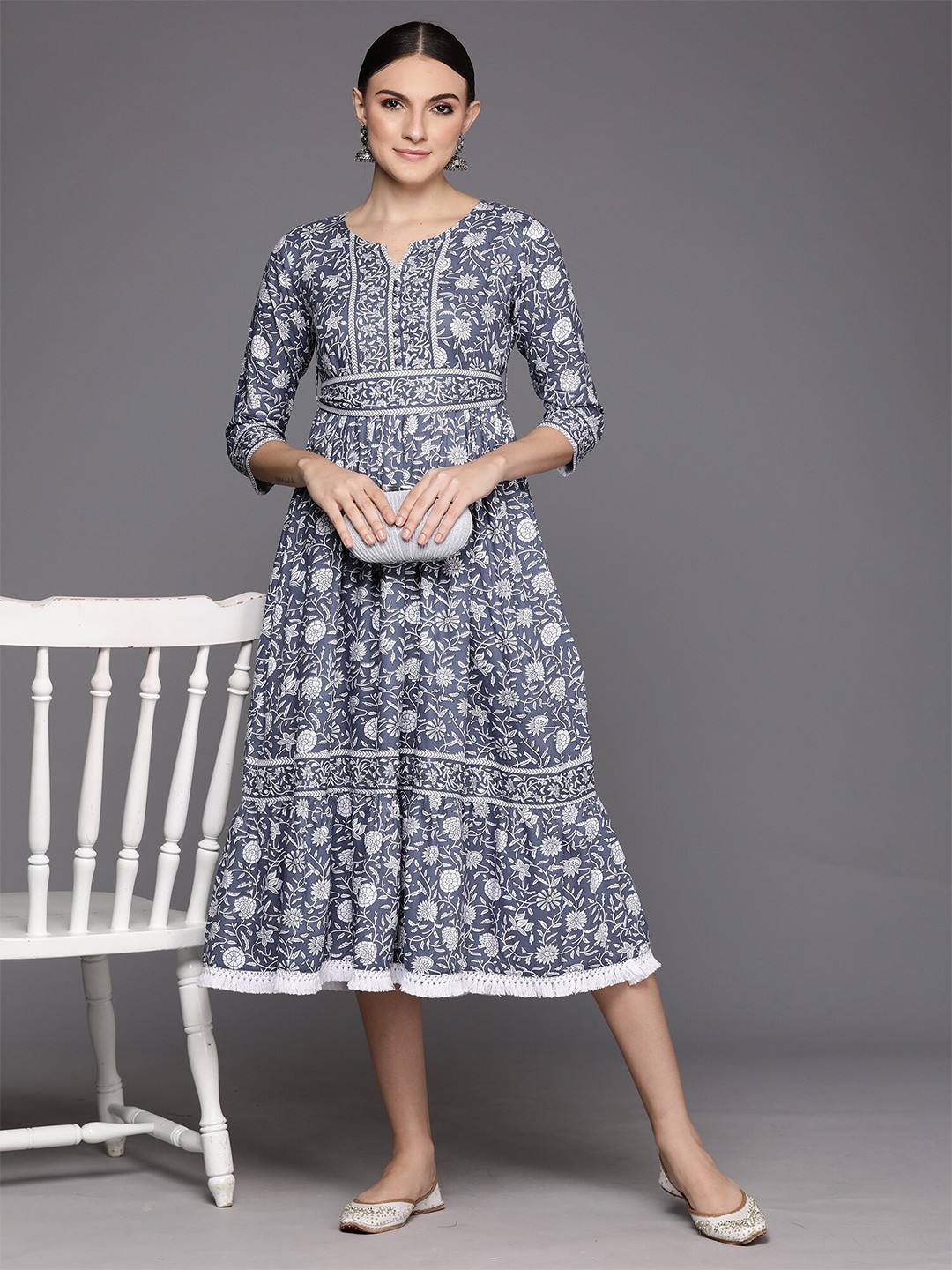 

Anouk Ethnic Motifs Printed Round Neck A-Line Midi Dress, Grey