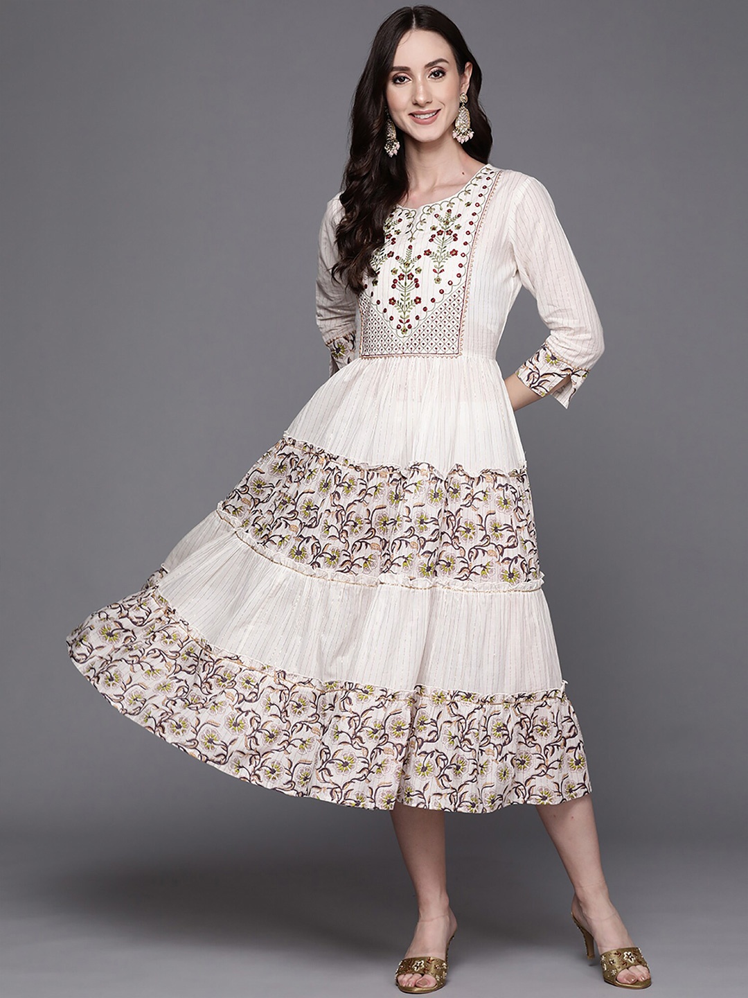 Anouk Floral Embroidered Layered Cotton A-Line Midi Dress, White