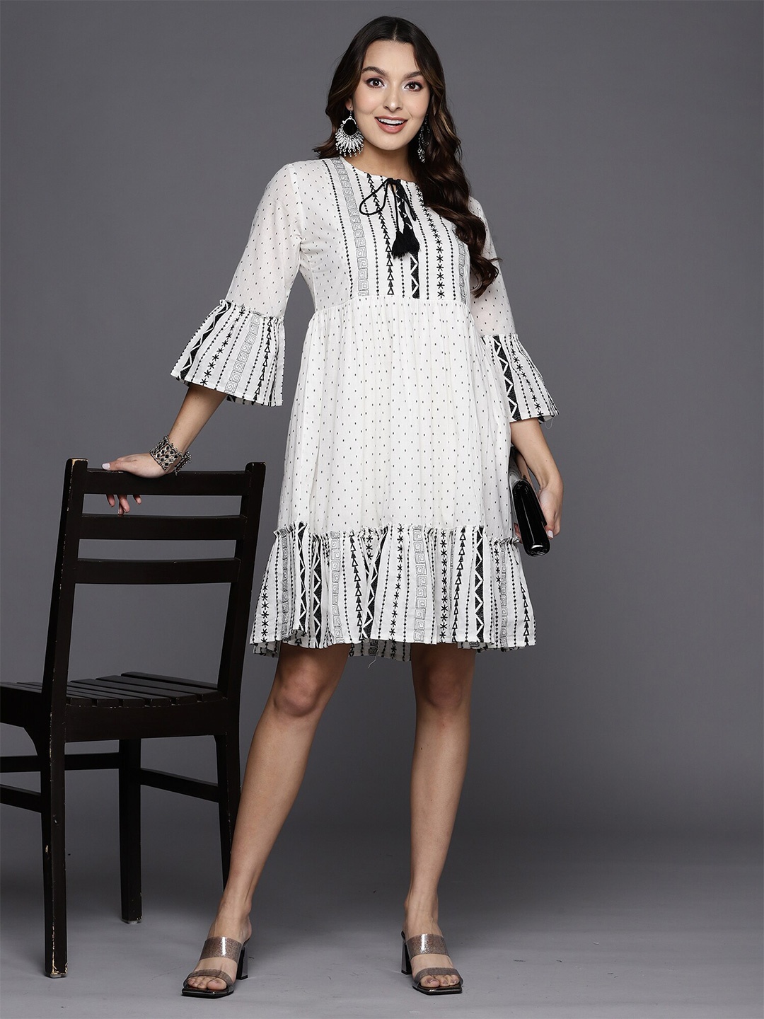 

Anouk Geometric Printed Bell Sleeve Fringed A-Line Tie-Up Neck Cotton Dress, White