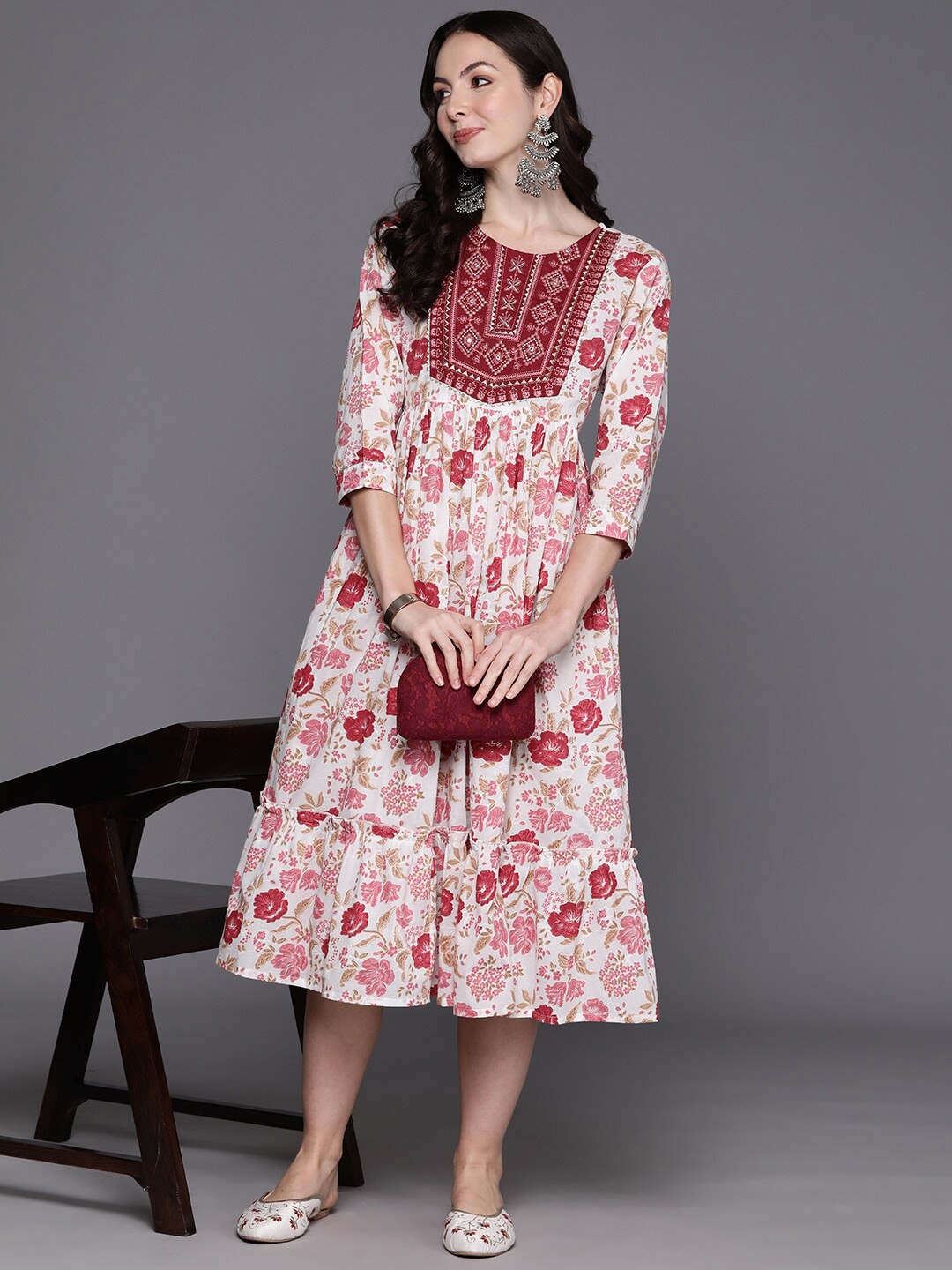 

Anouk Floral Embroidered Round Neck A-Line Midi Dress, Red