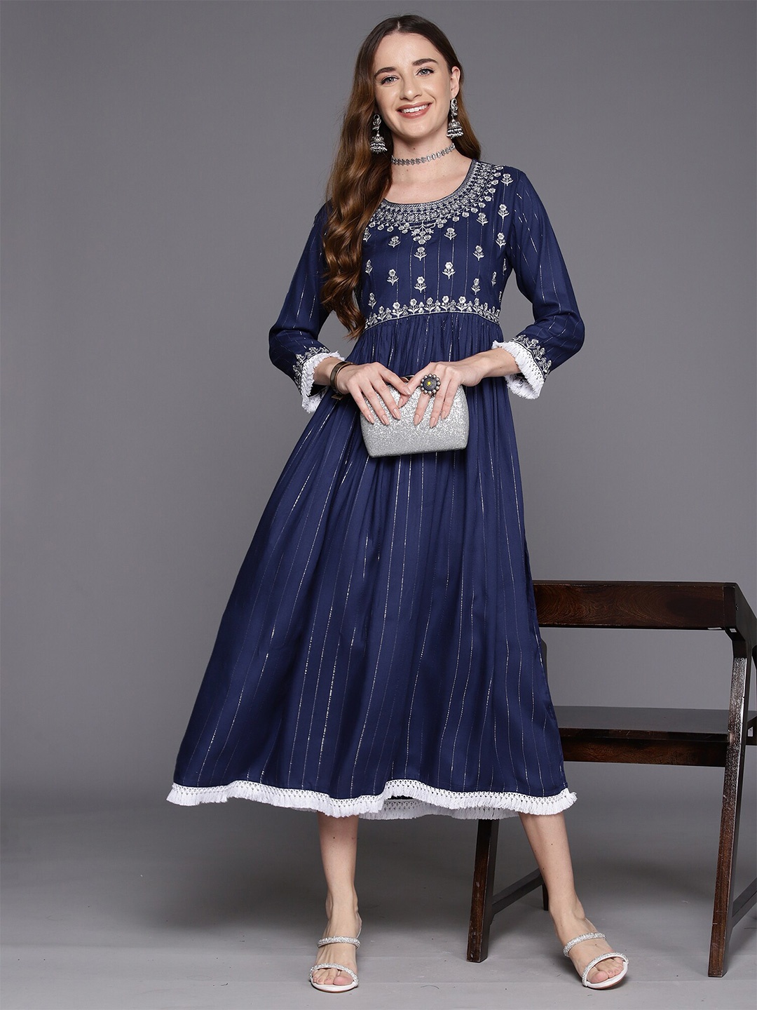 

Anouk Ethnic Motifs Embroidered Round Neck Flared A-Line Midi Dress, Blue