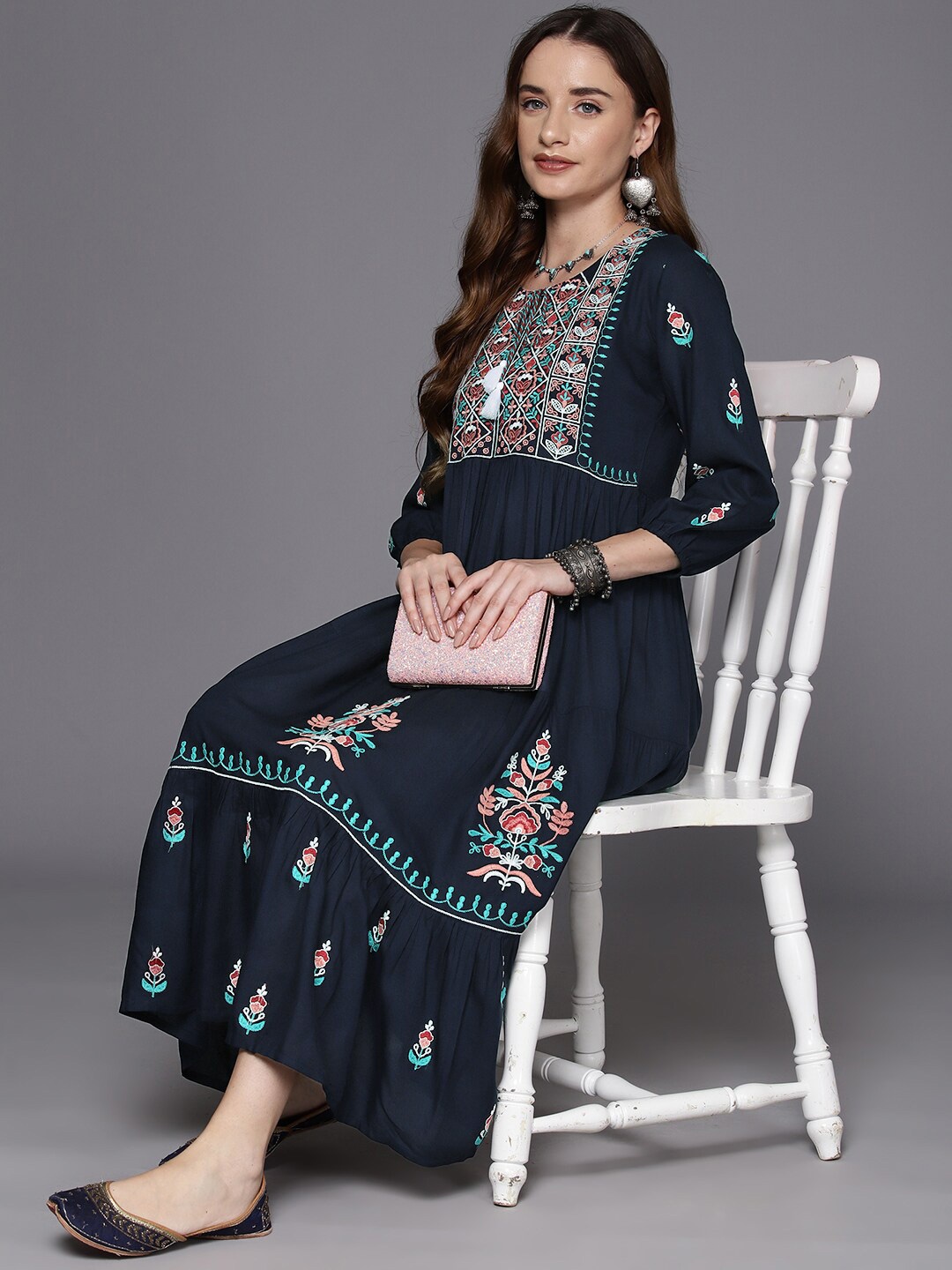 

Anouk Floral Print Bell Sleeve Maxi Midi Dress, Navy blue