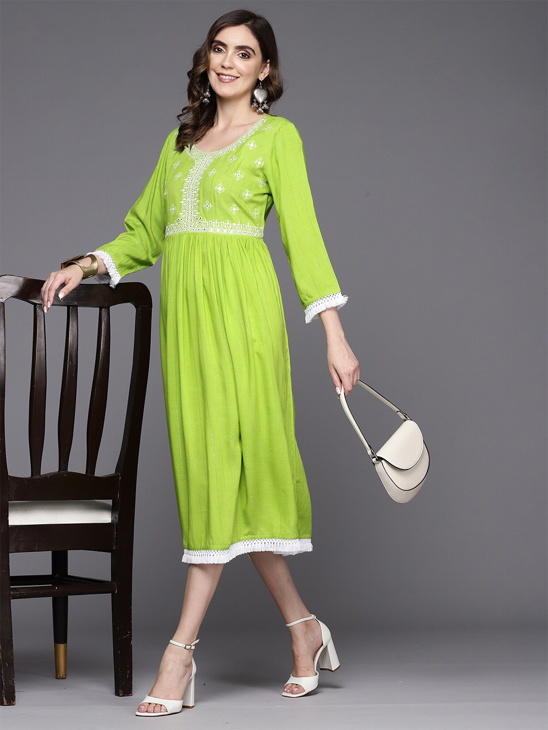 

Anouk Ethnic Motifs Embroidered Gathered Maxi Dress, Green