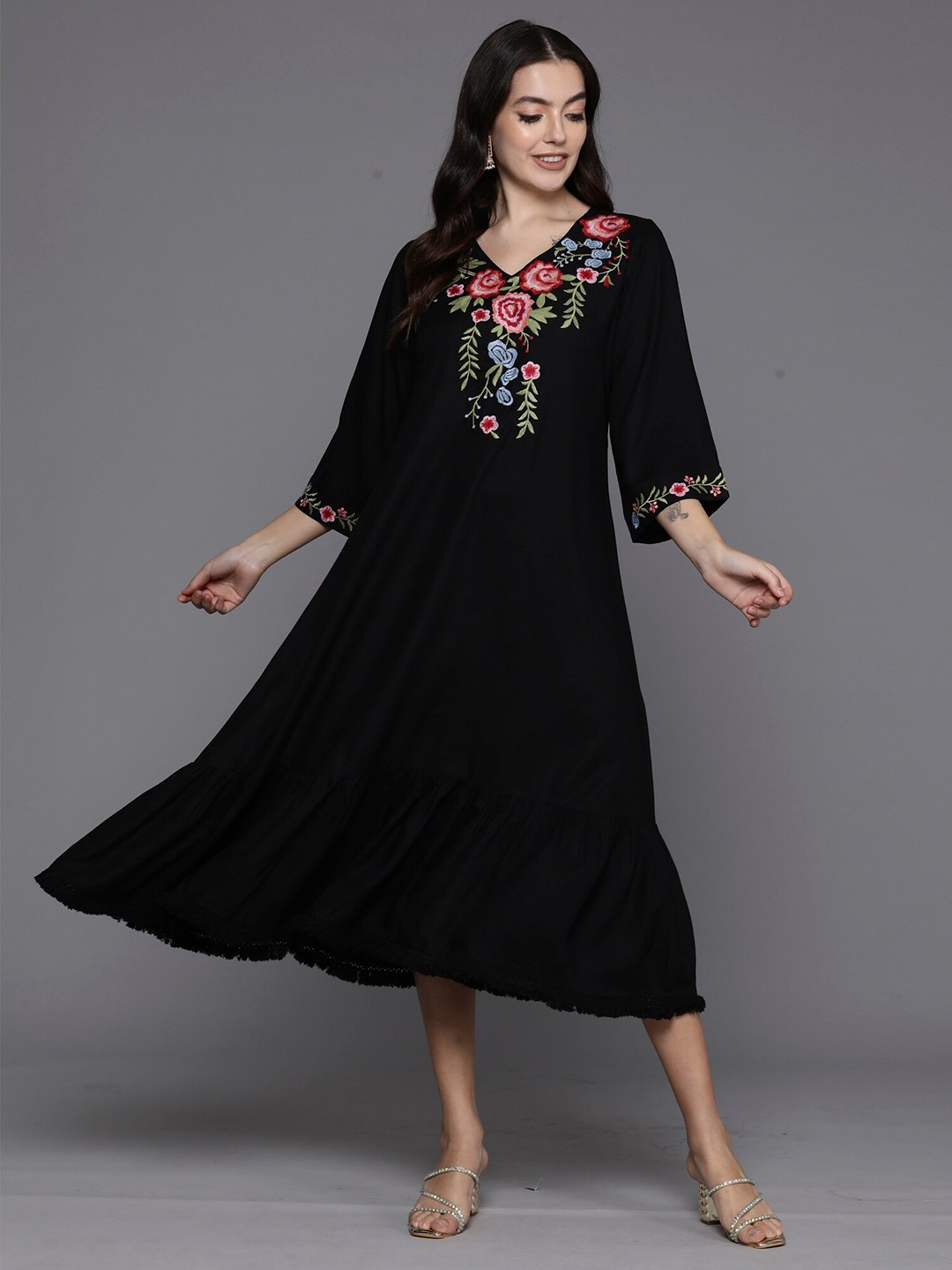 

Anouk Black Floral Embroidered A-Line Midi Ethnic Dress