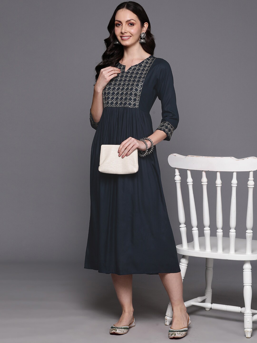 

Anouk Geometric Embroidered Round Neck A-Line Midi Dress, Blue
