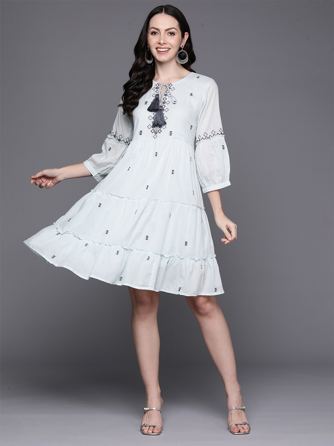 

Anouk Geometric Print Tie-Up Neck Bell Sleeve Layered Tiered Cotton Fit & Flare Dress, Blue