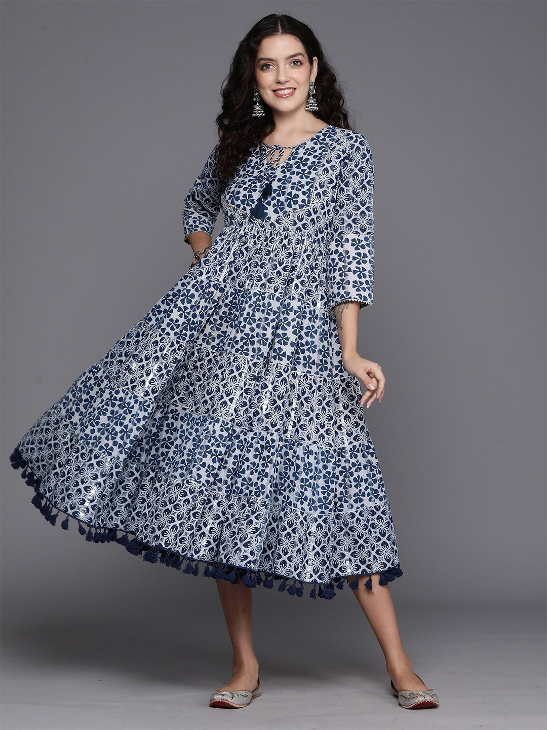 

Anouk Navy Blue Ethnic Motifs Printed Gathered Detail Cotton Fit & Flare Midi Ethnic Dress