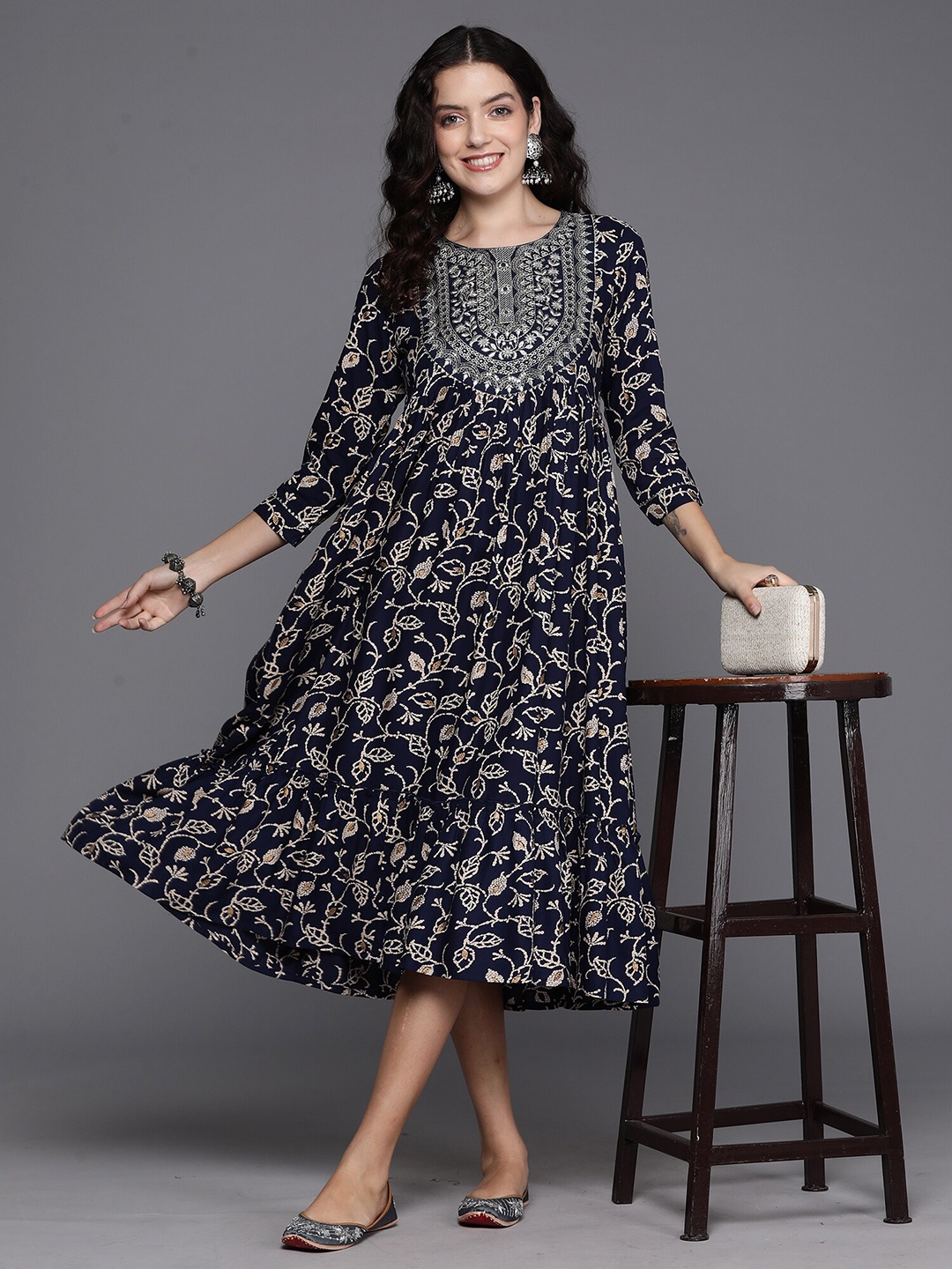 

Anouk Ethnic Motifs Print Round Neck Regular Sleeves Tiered Flared Midi Dress, Navy blue