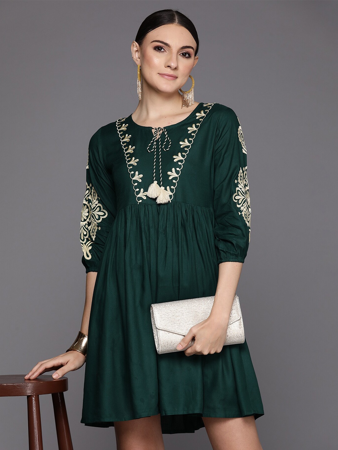 

Anouk Floral Embroidered Round Neck Puff Sleeve A-Line Dress, Green