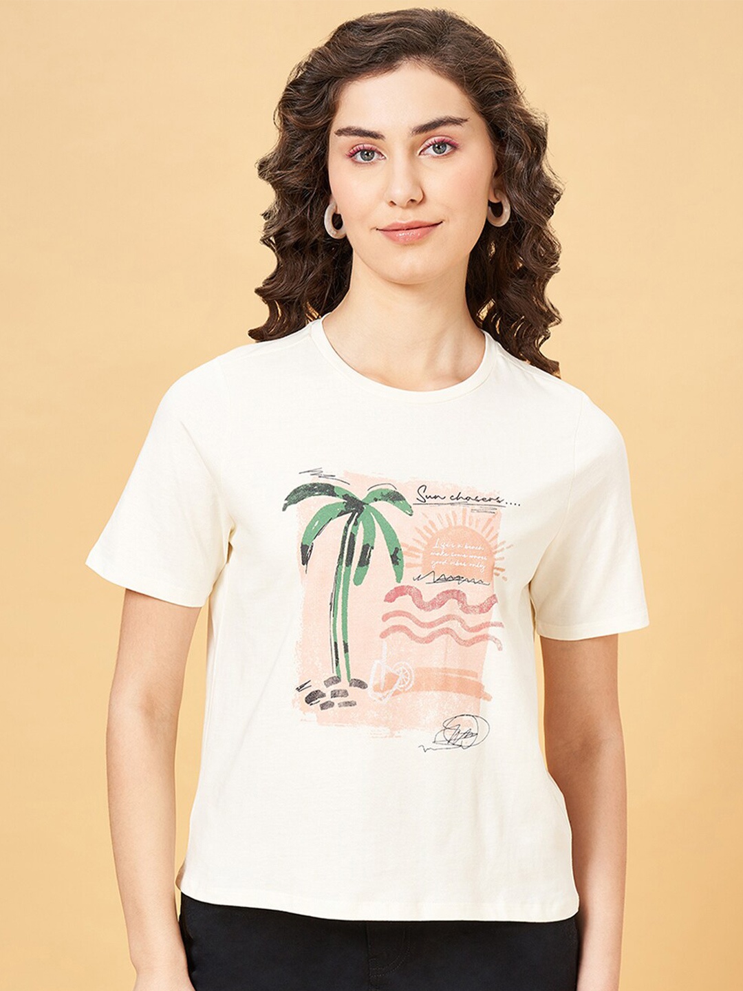 

People Off White Graphic Printed Cotton Relaxed Fit T-shirt, Cream