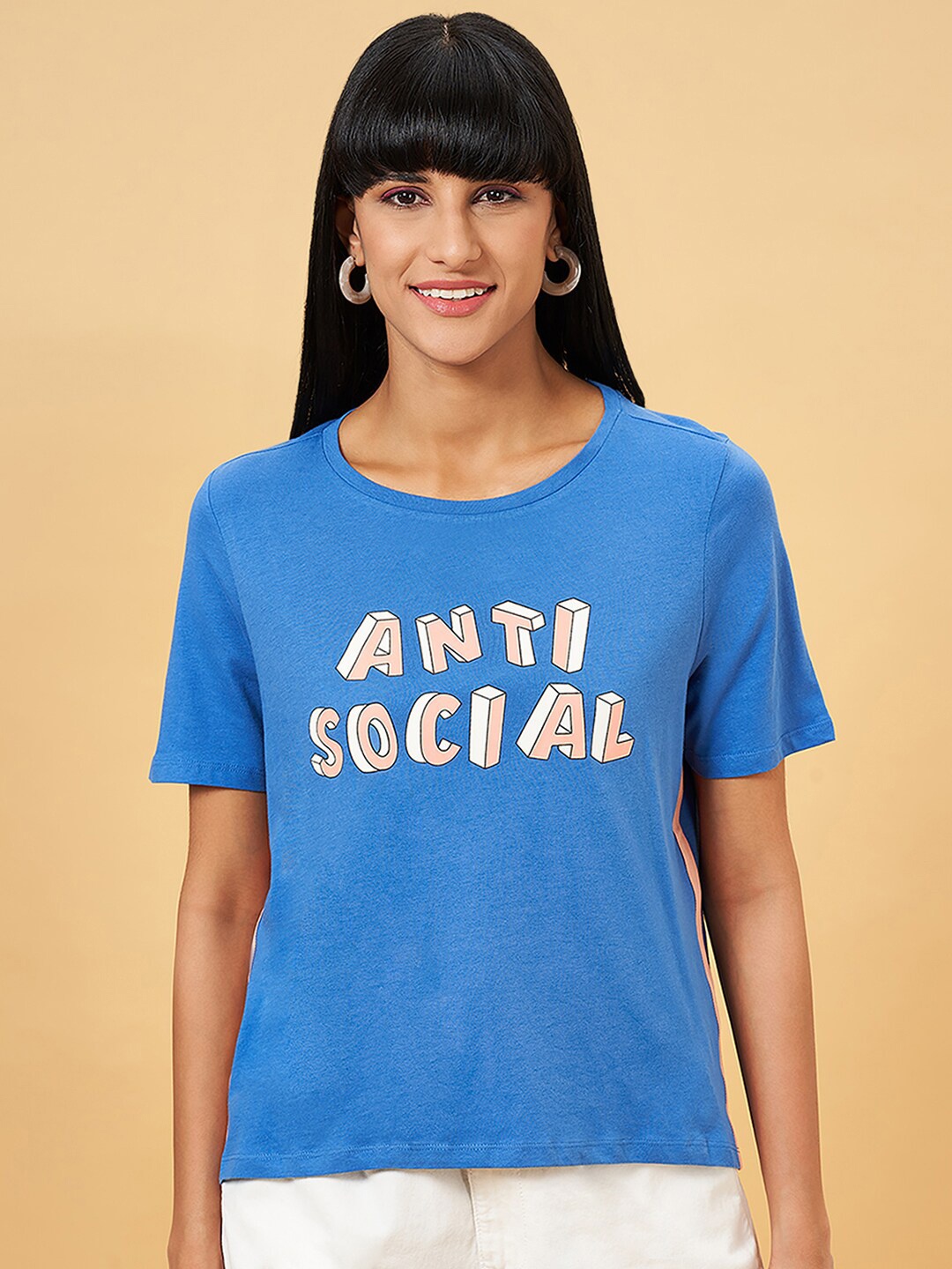 

People Blue Typography Printed Cotton Relaxed Fit T-shirt, Navy blue