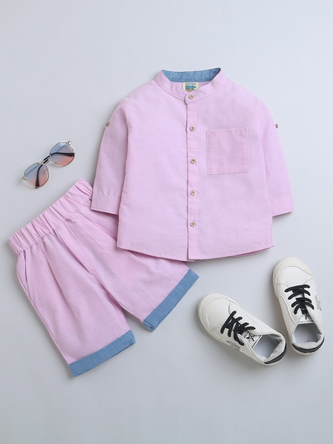 

ZIP ZAP ZOOP Boys Pure Cotton Shirt with Shorts, Pink