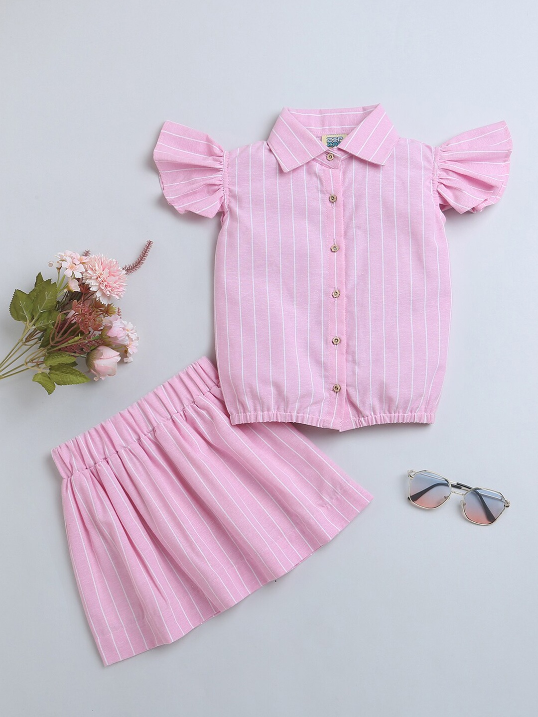 

ZIP ZAP ZOOP Girls Striped Pure Cotton Shirt with Skirt, Pink