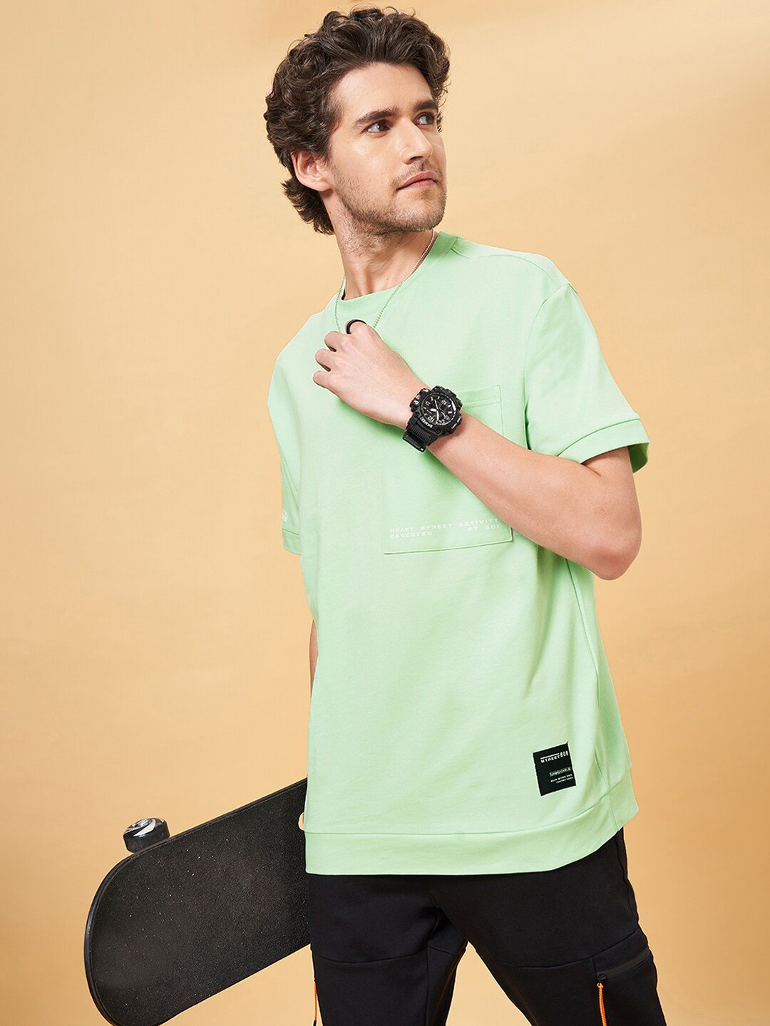 

Street 808 by Pantaloons Round Neck Pocket Pure Cotton Boxy T-shirt, Green