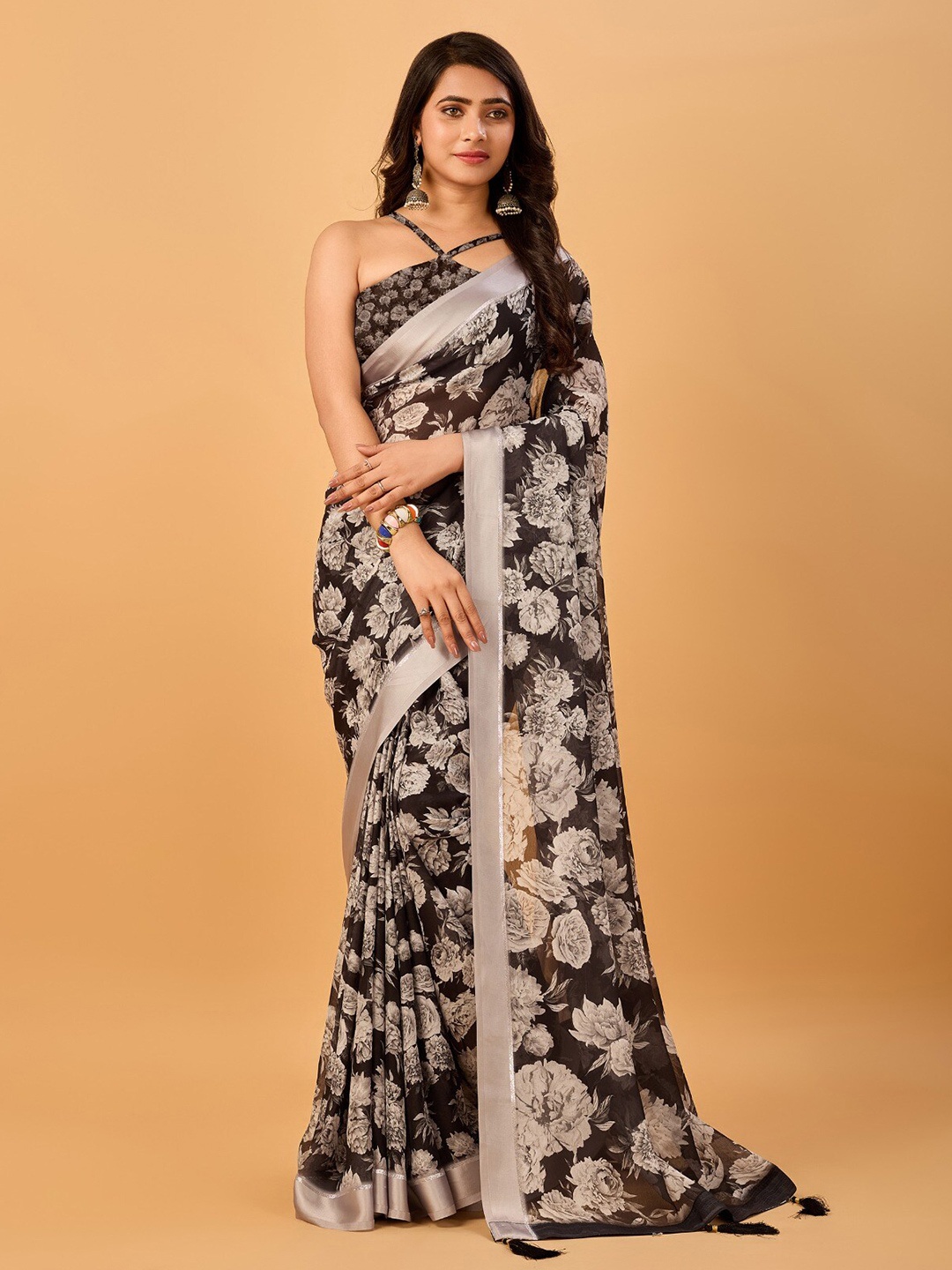 

Sanwariya Silk Floral Printed Pure Chiffon Saree, Black