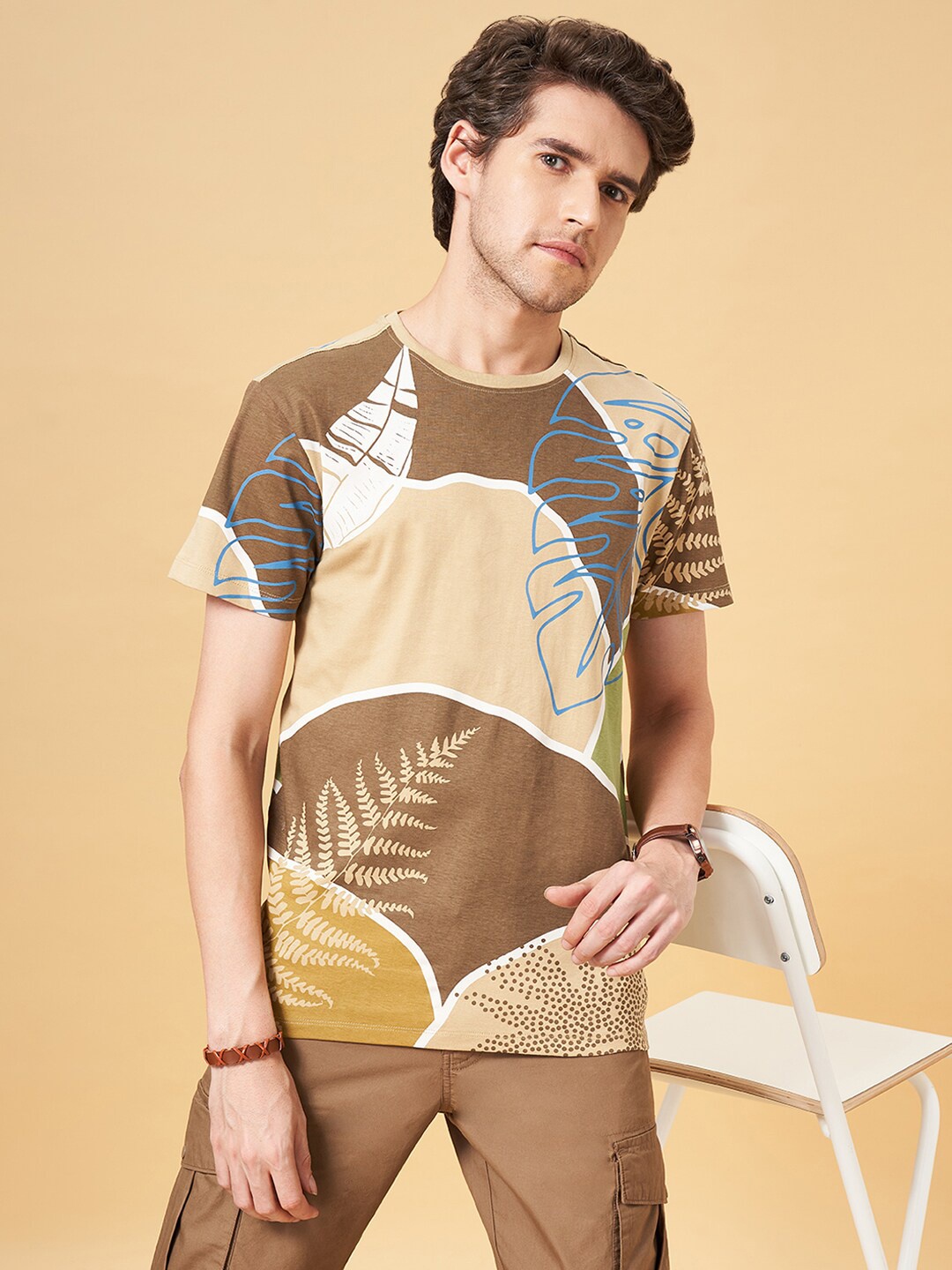 

Urban Ranger by pantaloons Tropical Printed Pure Cotton Slim Fit T-shirt, Brown