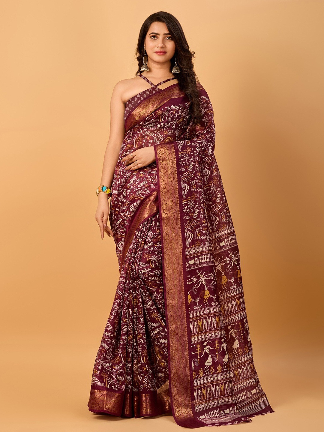 

Sanwariya Silk Ethnic Motifs Printed Zari Silk Cotton Chanderi Saree, Maroon