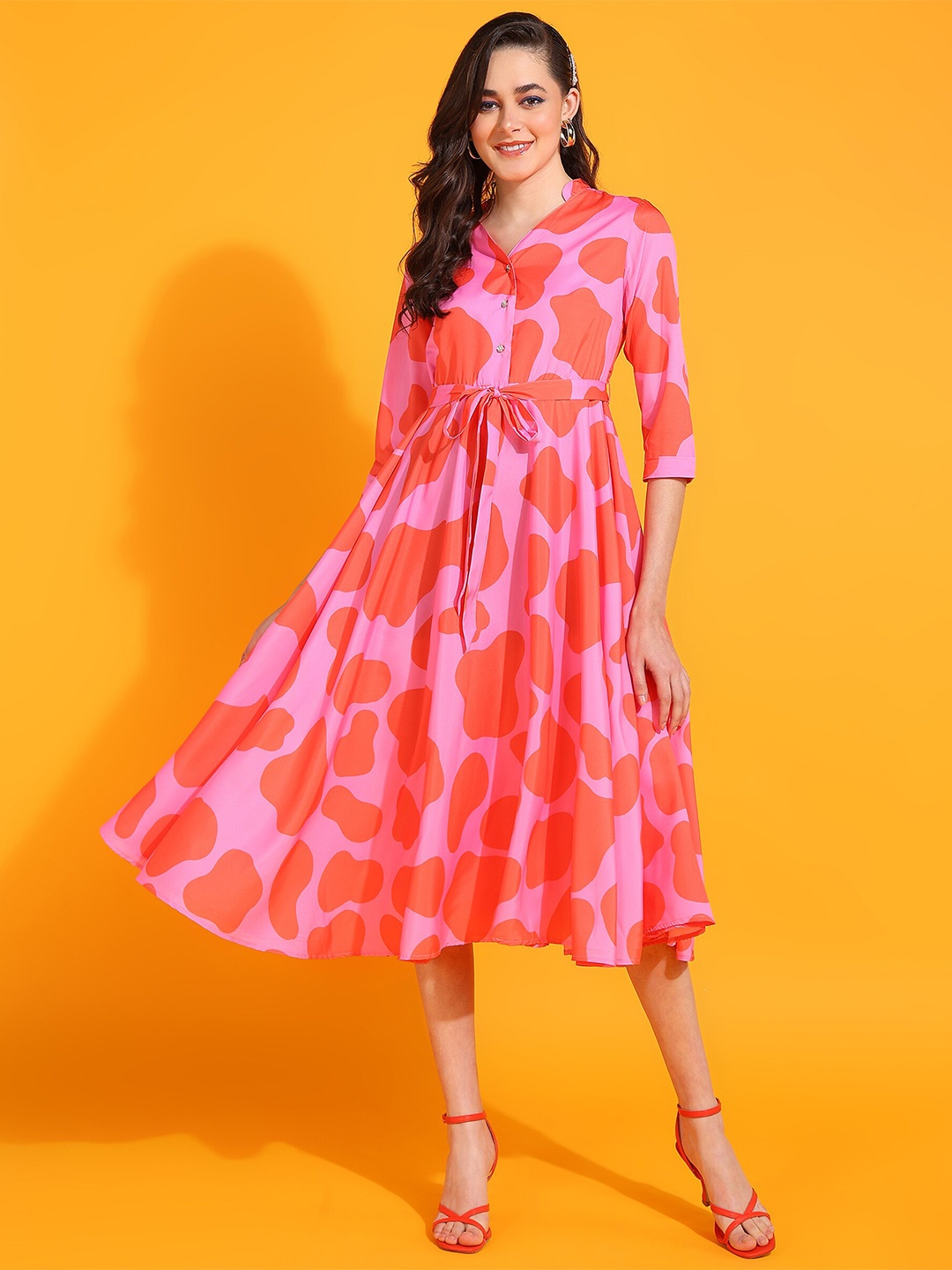 

ZNX Clothing Abstract Print Fit & Flare Midi Dress, Pink