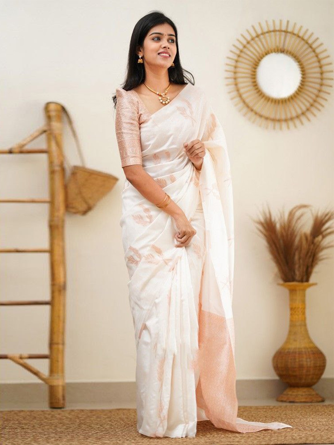 

Naishu Trendz Floral Printed Zari Pure Silk Kanjeevaram Saree, White