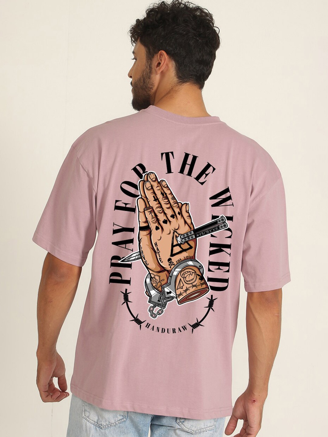 

PRONK Graphic Printed Drop-Shoulder Sleeves Pure Cotton Oversized T-shirt, Lavender