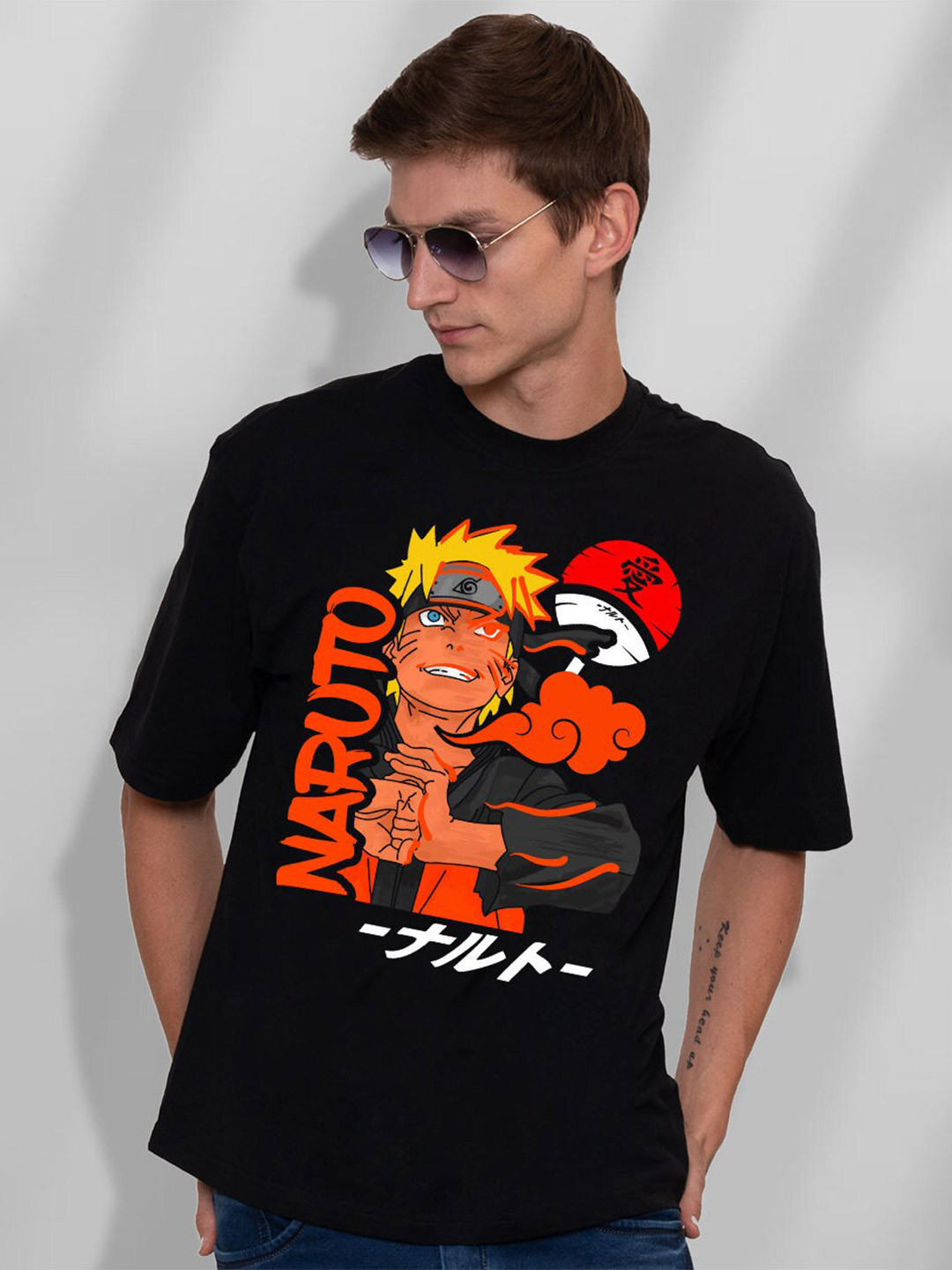 

PRONK Naruto Anime Printed Drop Shoulder Sleeves Pure Cotton Oversized T-shirt, Black
