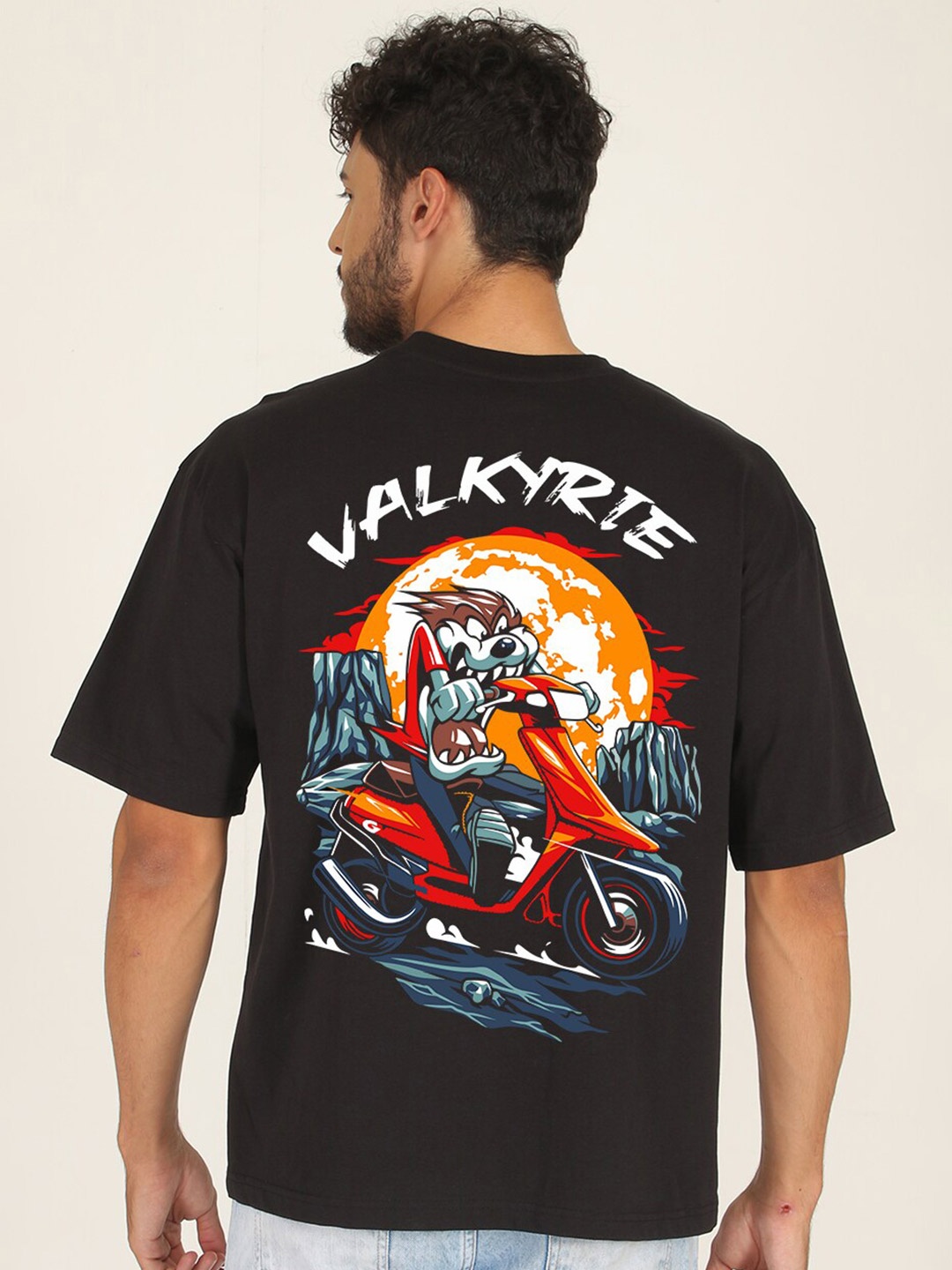 

PRONK Valkyrie Printed Drop Shoulder Sleeves Pure Cotton Oversized T-shirt, Black