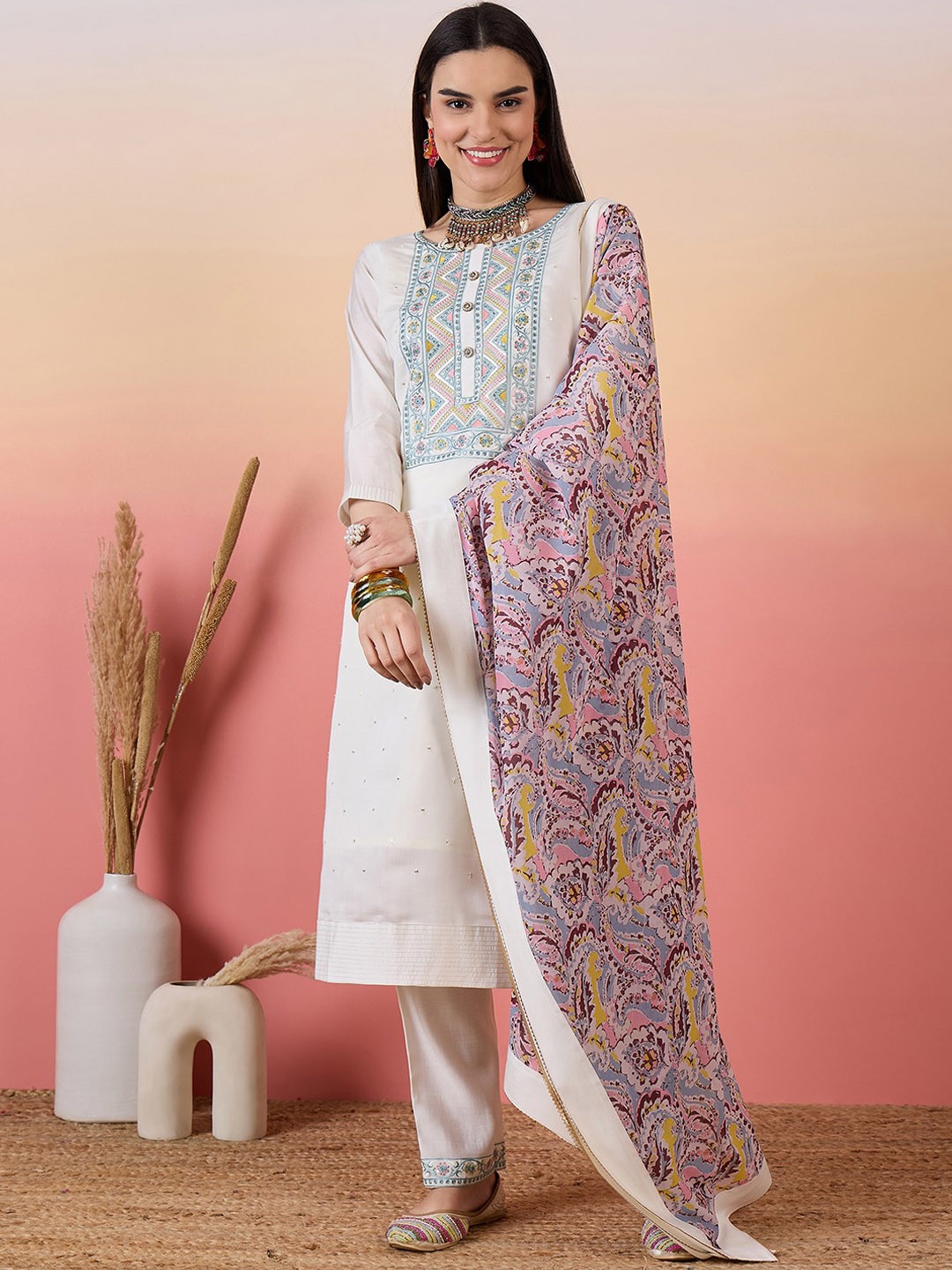 

KALINI Ethnic Motifs Embroidered Regular Sequinned Kurta with Trousers & With Dupatta, Off white