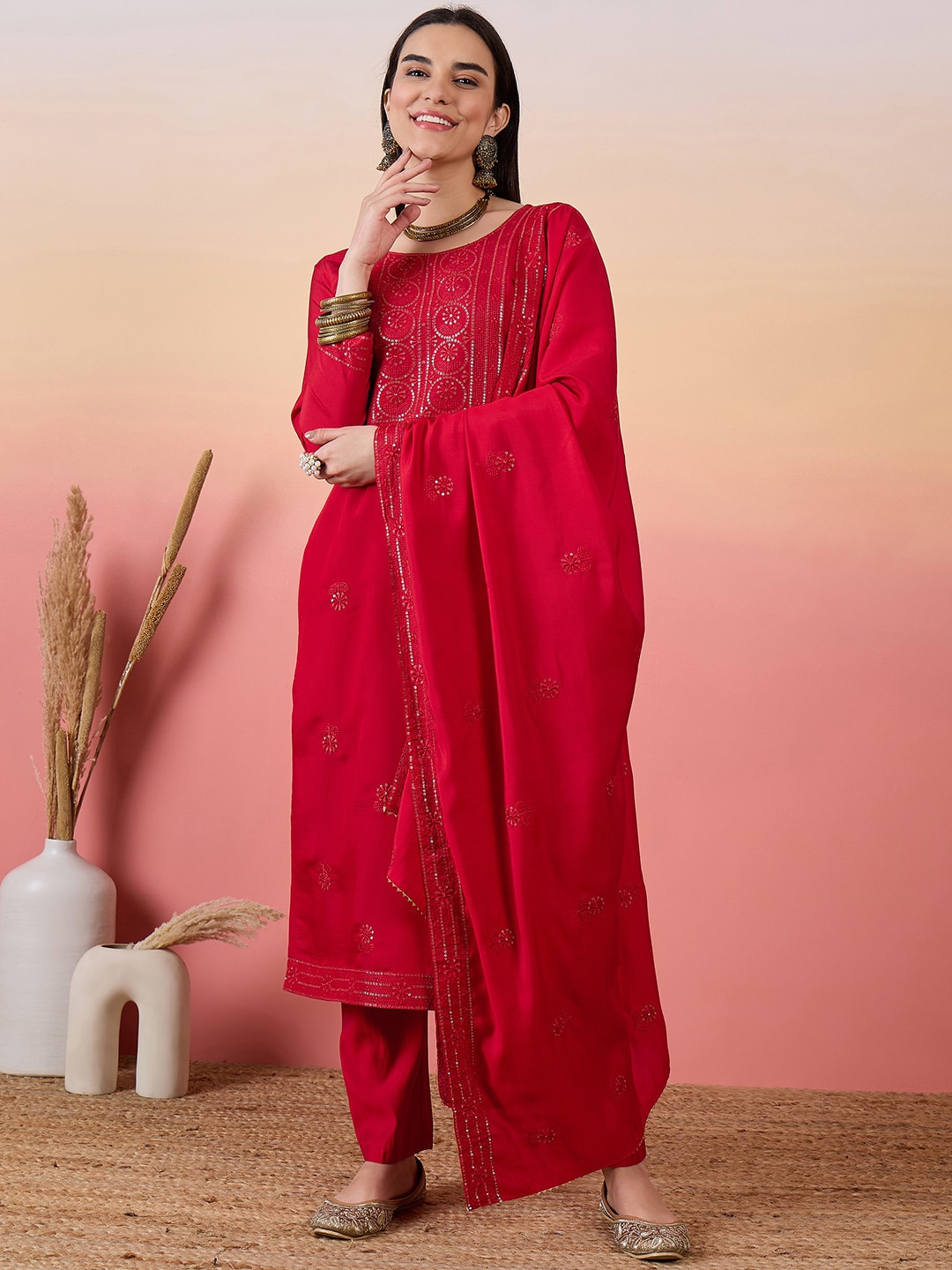 

KALINI Embroidered Regular Sequinned Kurta with Trousers & Dupatta, Red