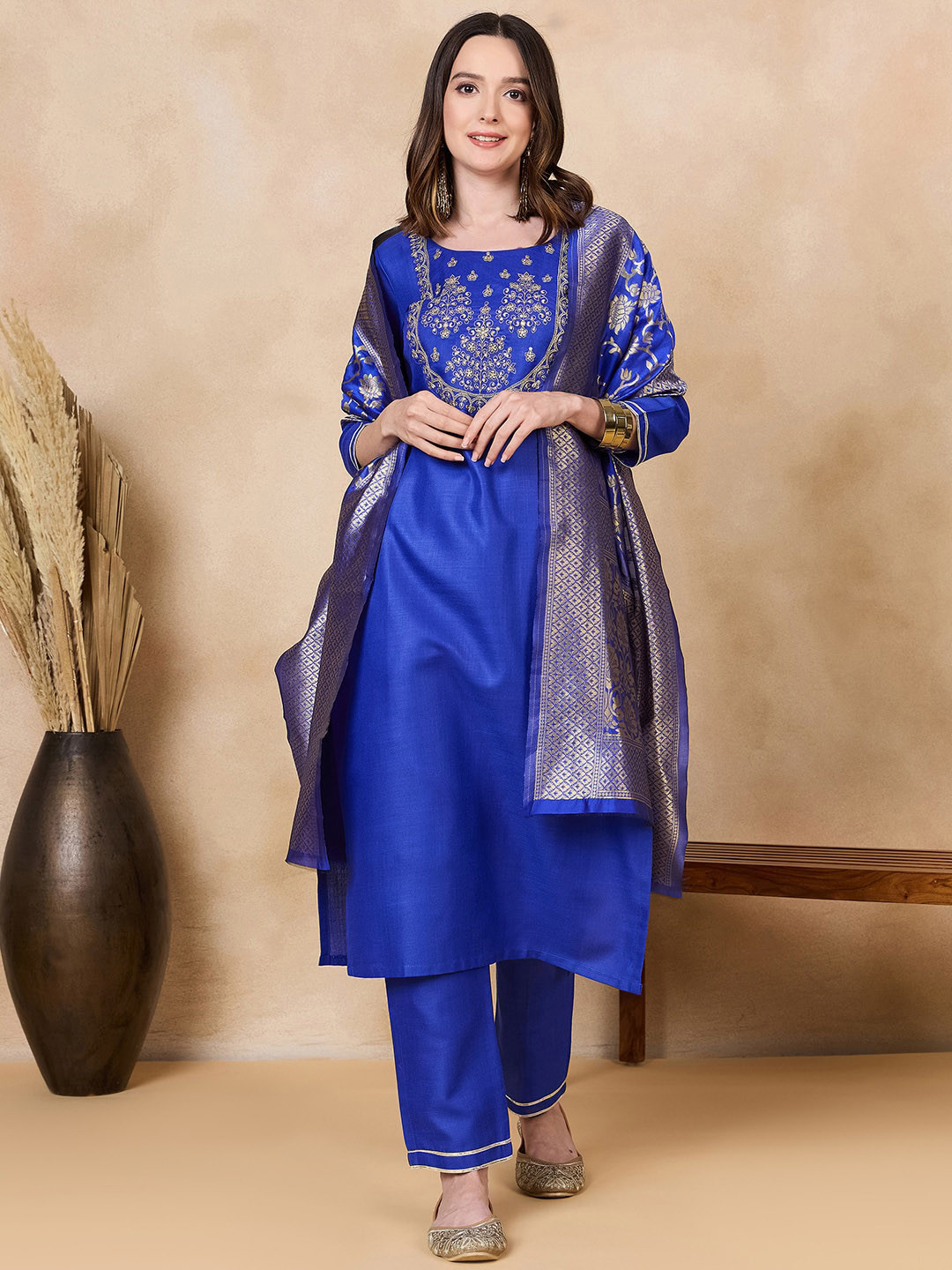 

KALINI Ethnic Motifs Yoke Design Regular Sequinned Kurta with Trousers & Dupatta, Blue