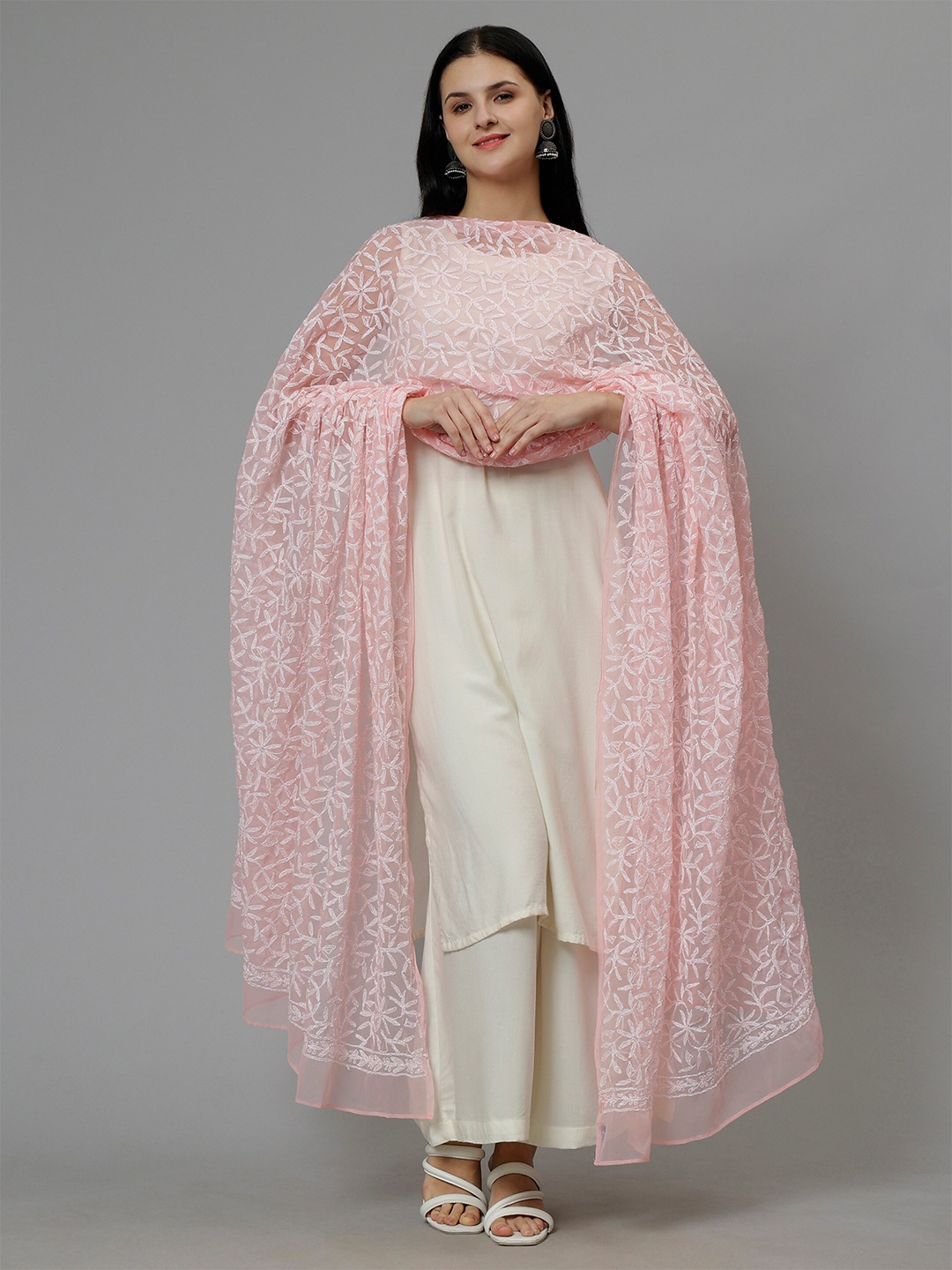 

Seva Chikan Ethnic Motifs Embroidered Chikankari Georgette Dupatta, Peach