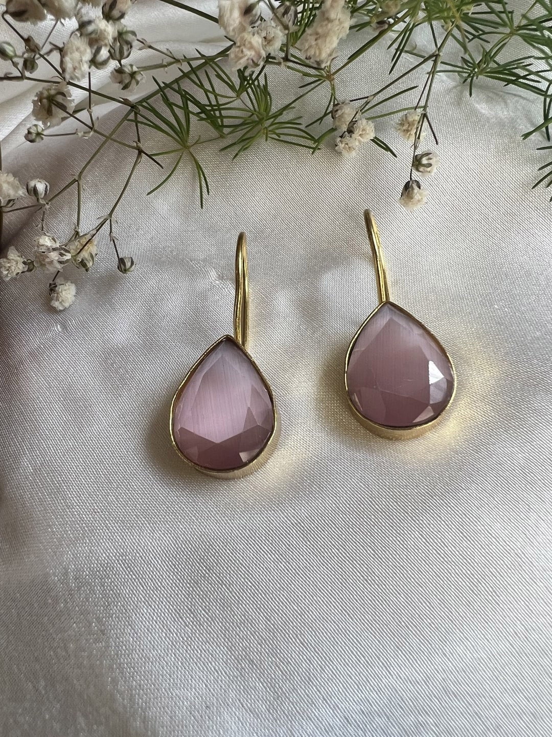 

XAGO Gold-Plated Artificial Stones Studded Teardrop Shaped Drop Earrings, Pink