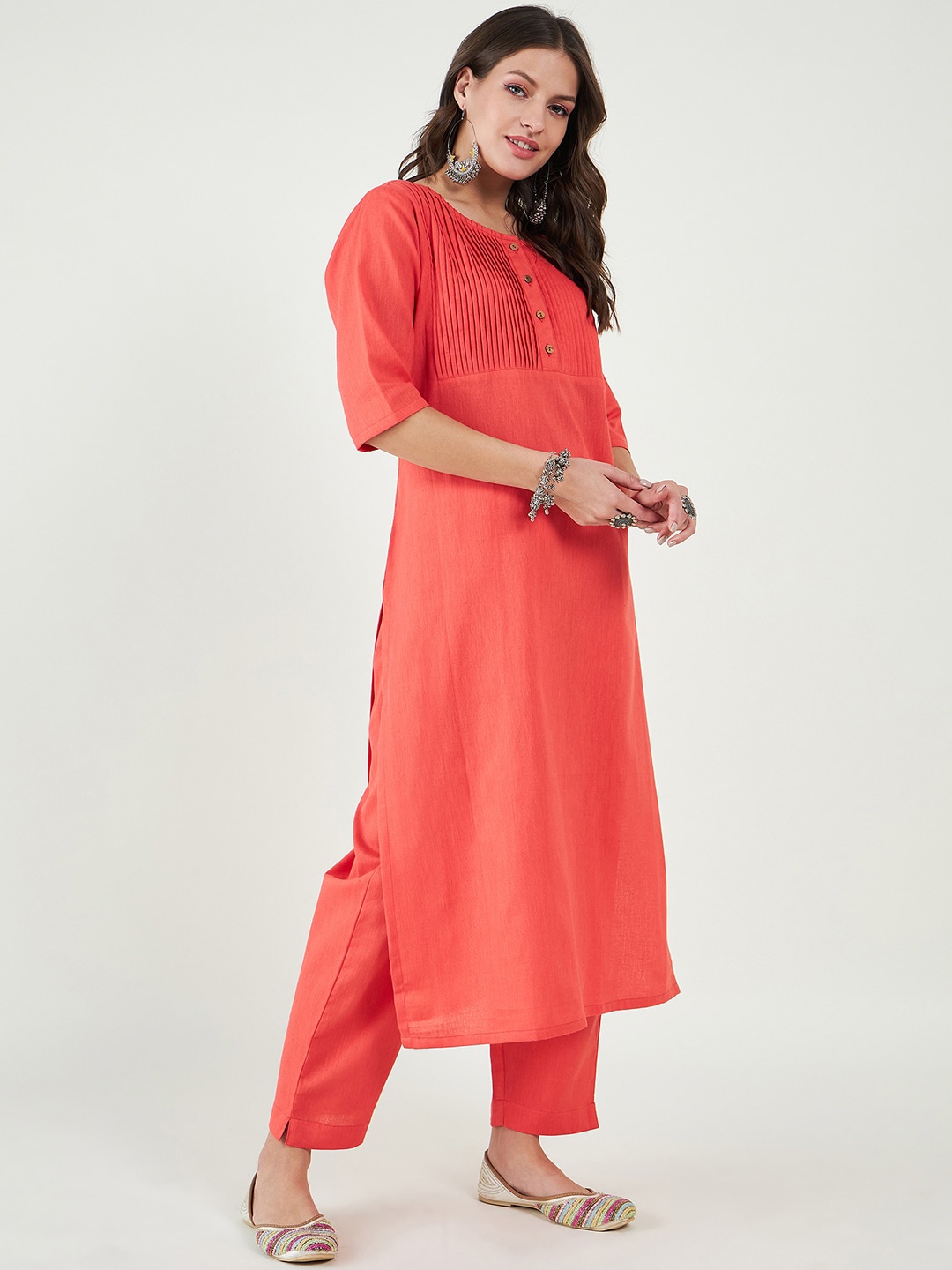 

Bitterlime Yoke Design Pleated Pure Cotton Kurta With Trouser, Peach