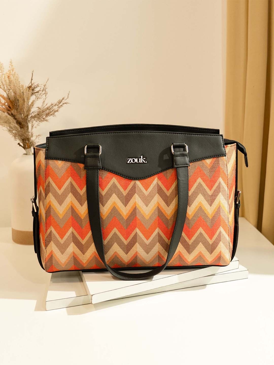 ZOUK Tidal Wave Geometric Printed Structured Shoulder Bag, Orange