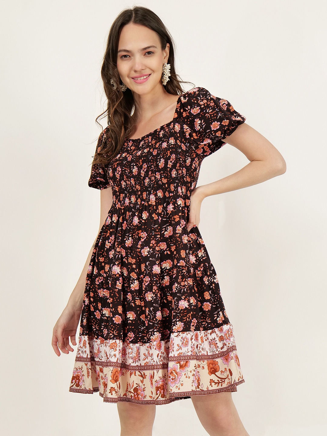 

DRIRO Floral Printed Fit & Flare Dress, Brown