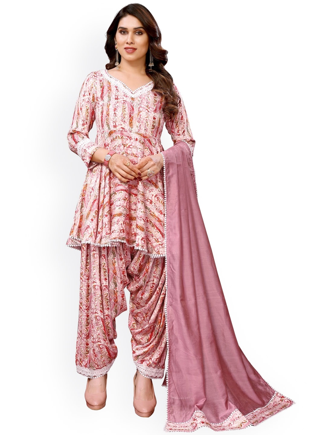 

Krimmple Paisley Printed Regular Kurta with Salwar & Dupatta, Pink