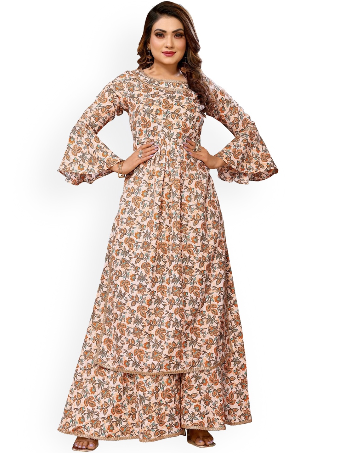 

Krimmple Ethnic Motifs Printed Pleated Anarkali Kurta with Palazzo, Orange
