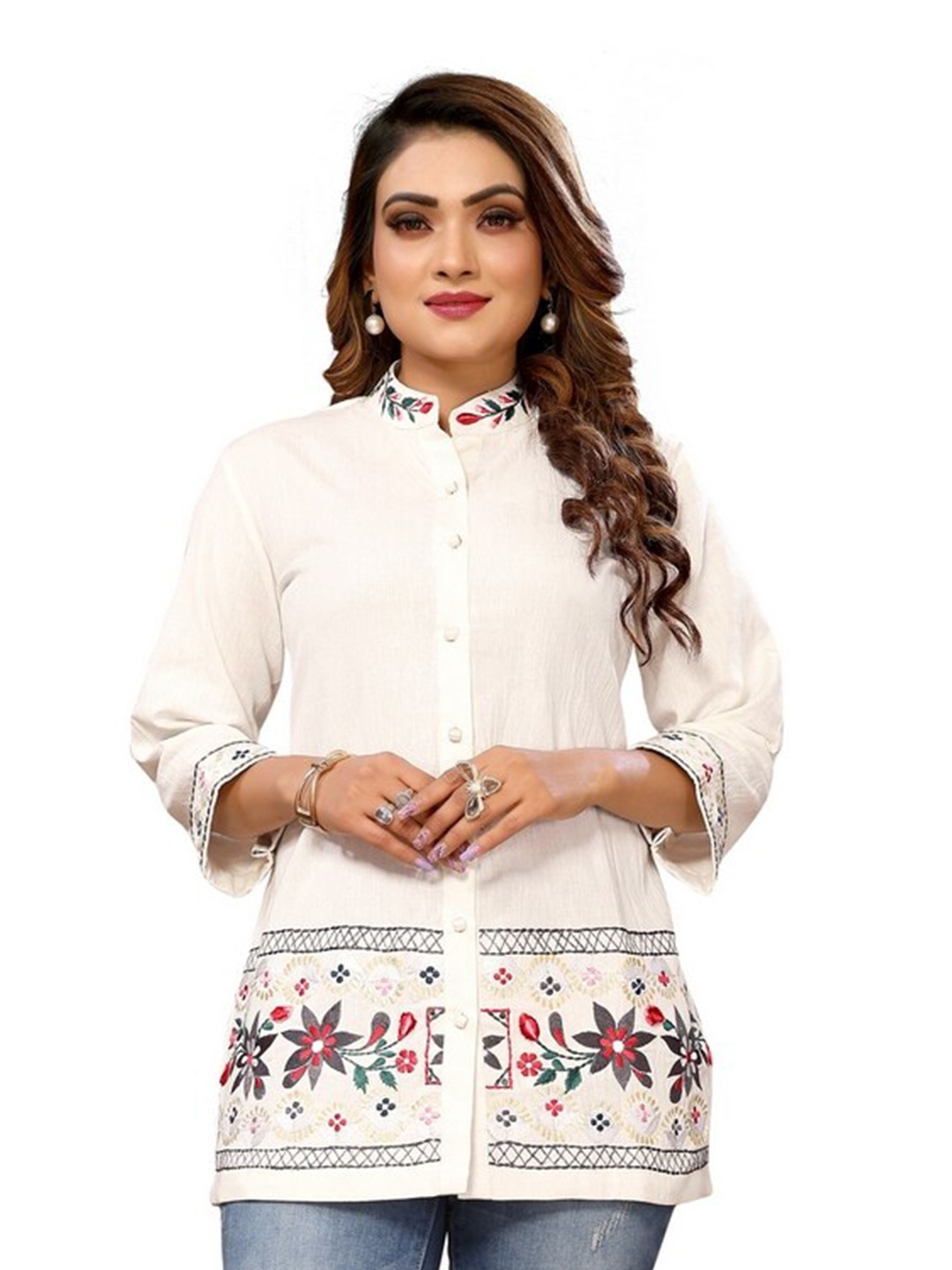 

Krimmple Floral Print Mandarin Collar Linen Shirt Style Top, White