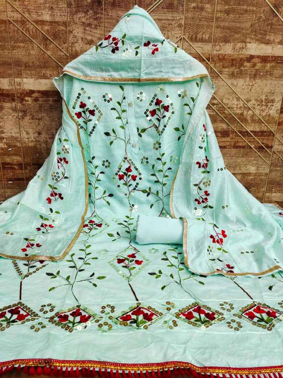 

faxofab Floral Embroidered Unstitched Dress Material, Blue