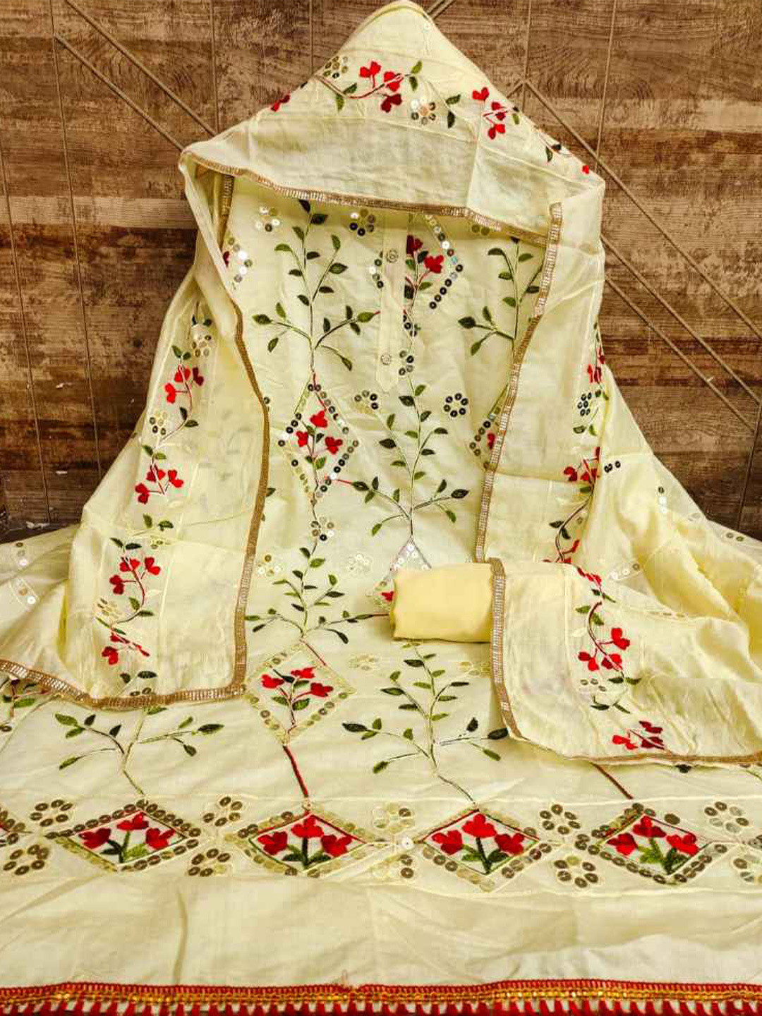 

faxofab Floral Embroidered Sequinned Unstitched Dress Material, Yellow