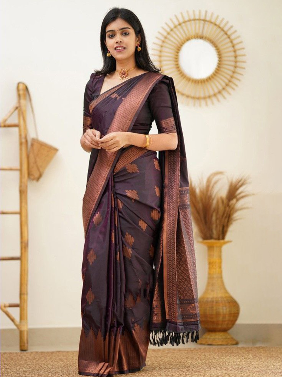 

Naishu Trendz Ethnic Motifs Woven Design Zari Pure Silk Kanjeevaram Saree, Purple