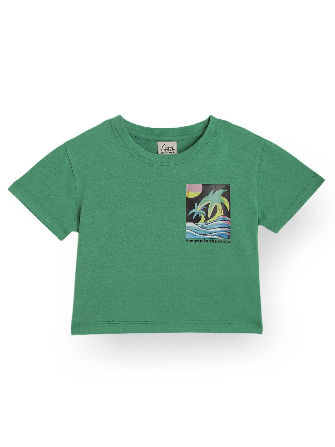 

Anthrilo Girls Graphic Printed Round Neck CottonT-shirt, Green