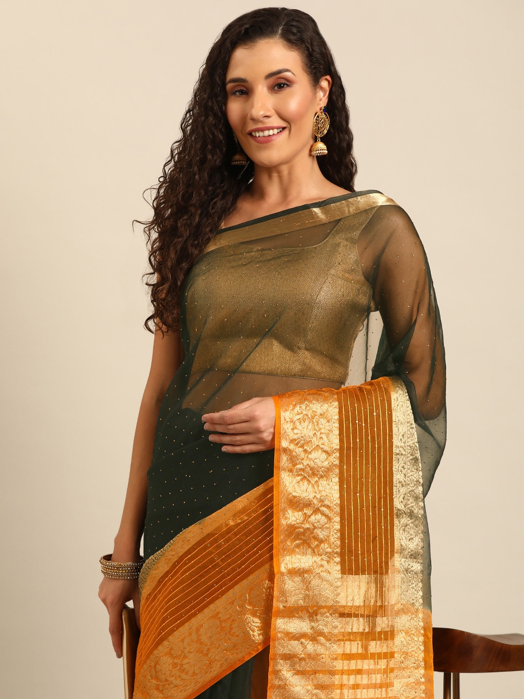 

MAHALASA Embellished Stones-Studded Organza Saree, Blue
