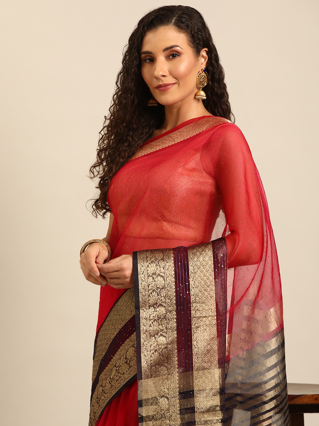 

MAHALASA Embellished Stones-Studded Pure Chiffon Saree, Red