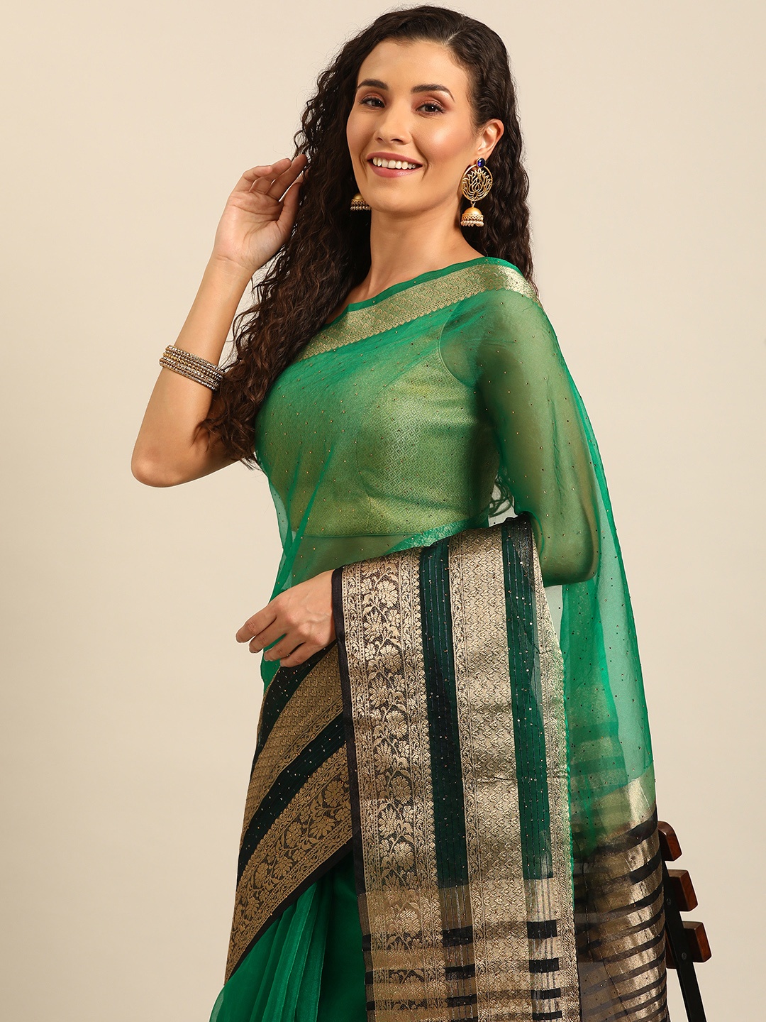 

MAHALASA Embellished Stones-Studded Organza Saree, Sea green